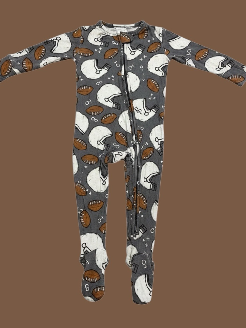 Posh Peanut Gray Football Helmet Print Footed One-Piece Pajamas